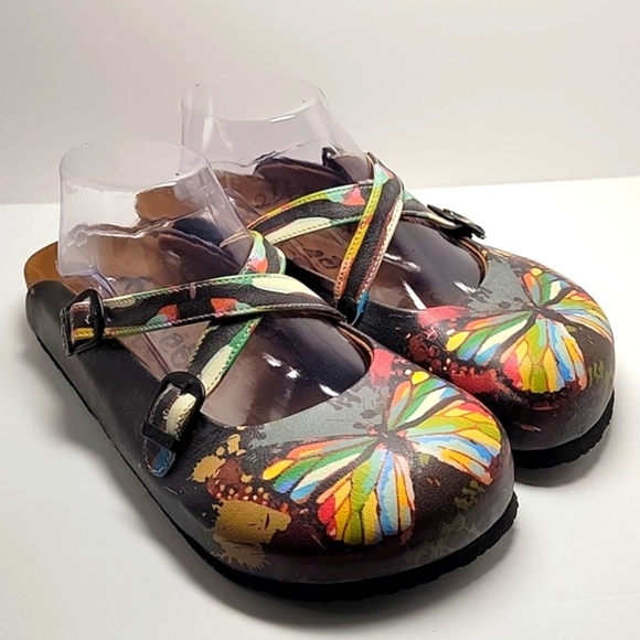Calceo Clogs Mules Mary Janes Slip-On Shoes Butterfly Print Handmade Vegan 8.5 - Picture 1 of 14
